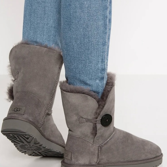 UGG Bailey Suede Shearling Ankle Foldover Wool Mini Booties Grey size 10 - Picture 1 of 14